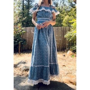 Vintage Gunne Sax look alike handmade prairie maxi dress ditsy floral blue